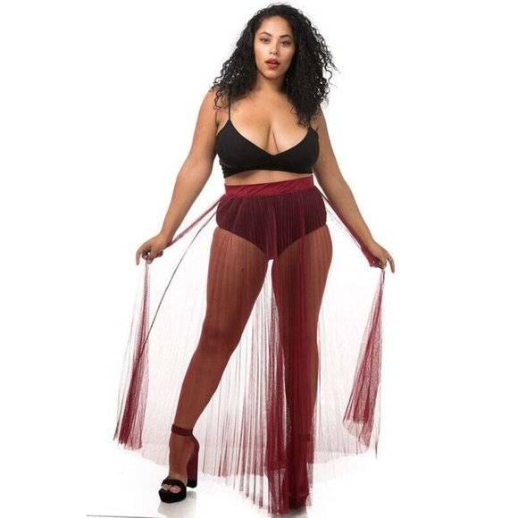Women's Sexy Elastic Waist Pleated Mesh Maxi Skirt Plus Size 1X 2X 3X - Picture 6 of 6